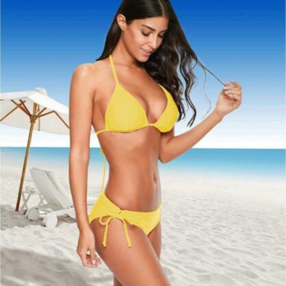Tie Side Bottom Padded Top Triangle Bikini, Yellow, Size M - NWT